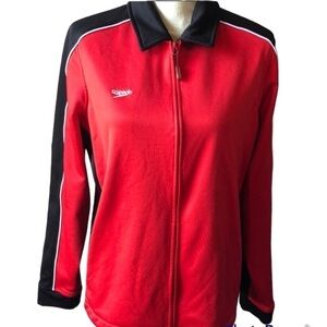 𝅺SPEEDO Jacket Size Large Red and Black Zip Up Swim Warm Up Jacket